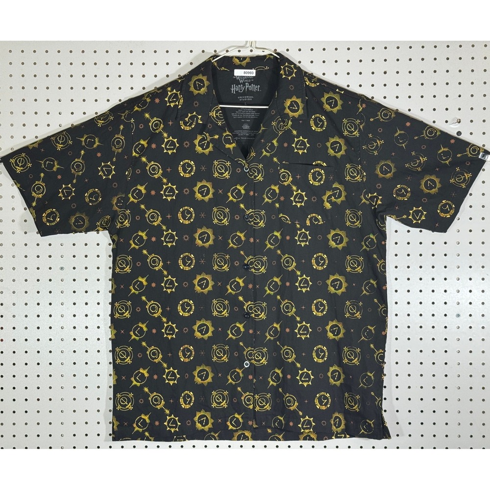 Harry Potter Wizarding World Universal Studios Black Gold Symbol Shirt Mens L